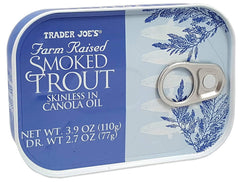 Trader Joe's smoked trout fillets in oil, open tin, snack or topping ready.