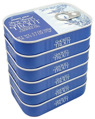 Trader Joe's smoked trout fillets in oil, top view, ready-to-serve protein.
