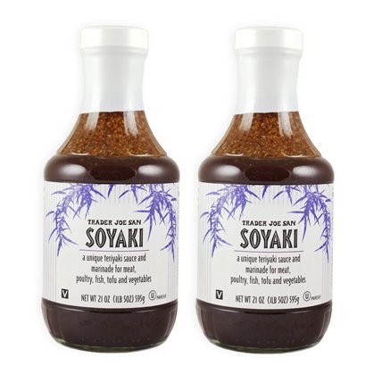 Trader Joe's Soyaki sauce bottles on counter, versatile glaze for marinades and dipping.