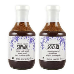Trader Joe's Soyaki sauce bottles on counter, versatile glaze for marinades and dipping.