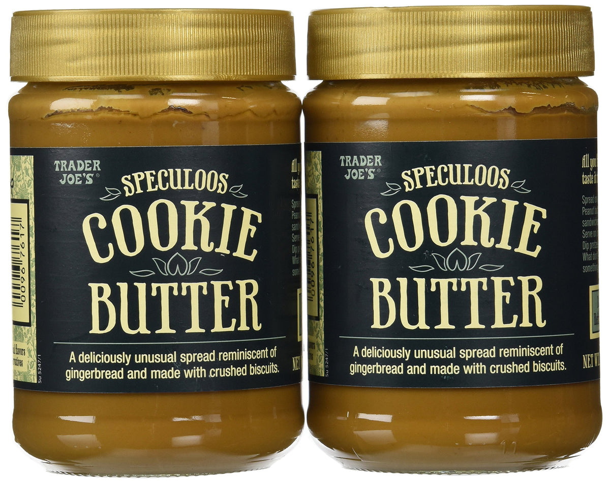 Trader Joe's Speculoos Cookie Butter jar close-up showing creamy texture for spreadability.
