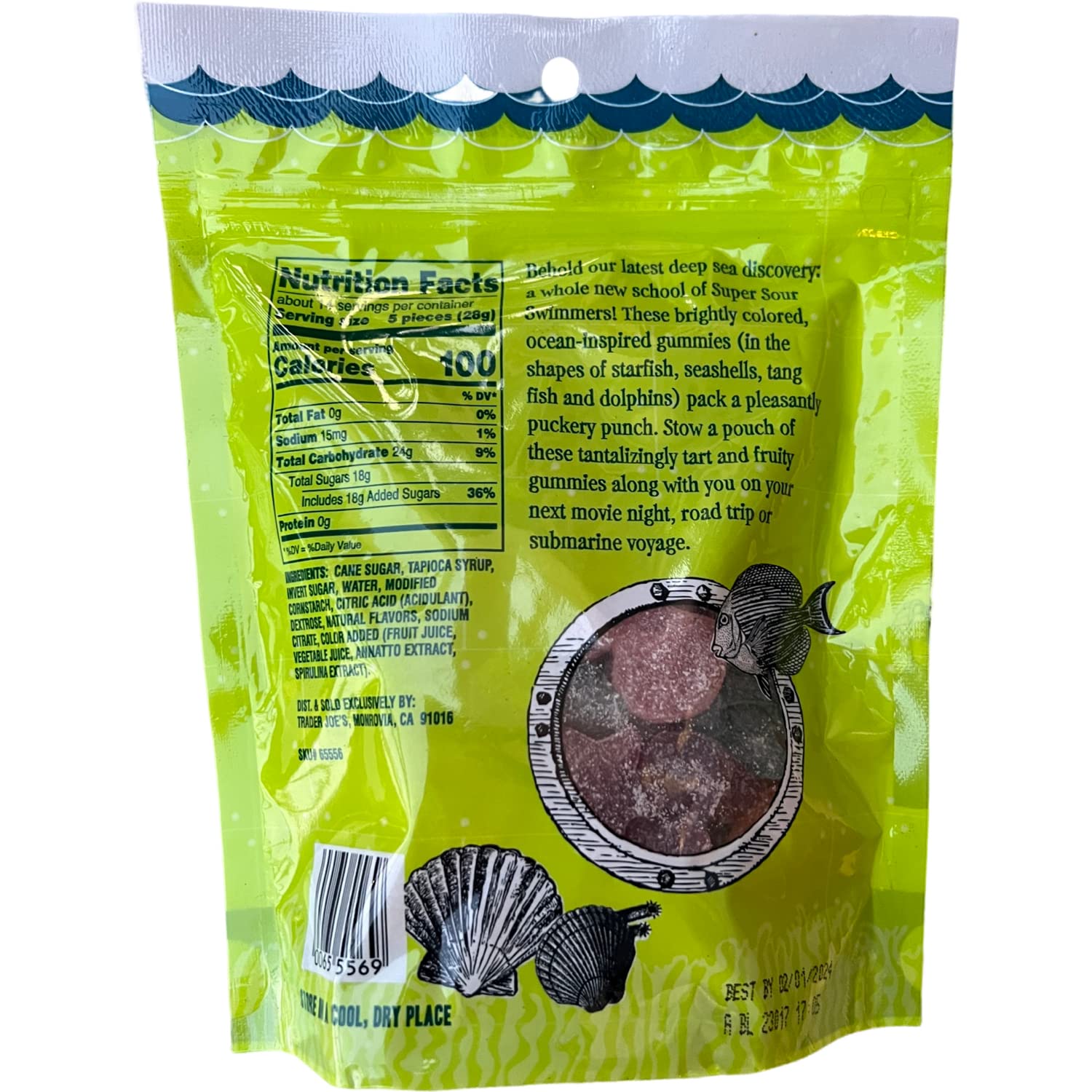 Closeup of chewy texture and sour sugar crystals on Trader Joe's Super Sour Scandinavian Swimmers gummies