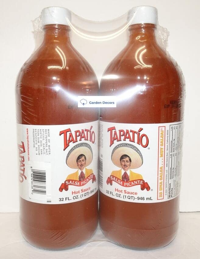 Label close-up of Trader Joe's Tapatio hot sauce showing peppers and heat.