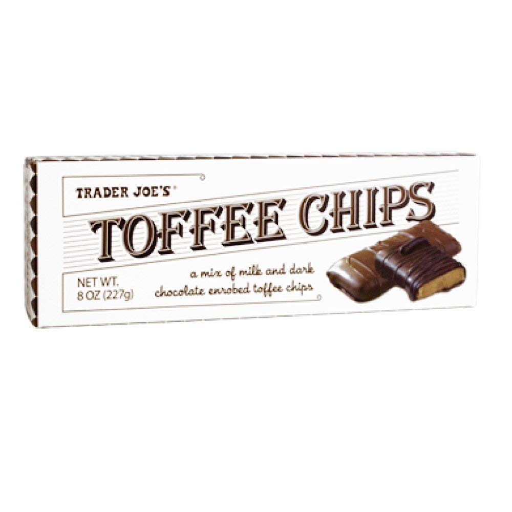 Trader Joe's Toffee Chips with chocolate drizzle—crunchy toffee perfect for toppings.