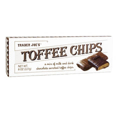 Trader Joe's Toffee Chips with chocolate drizzle—crunchy toffee perfect for toppings.
