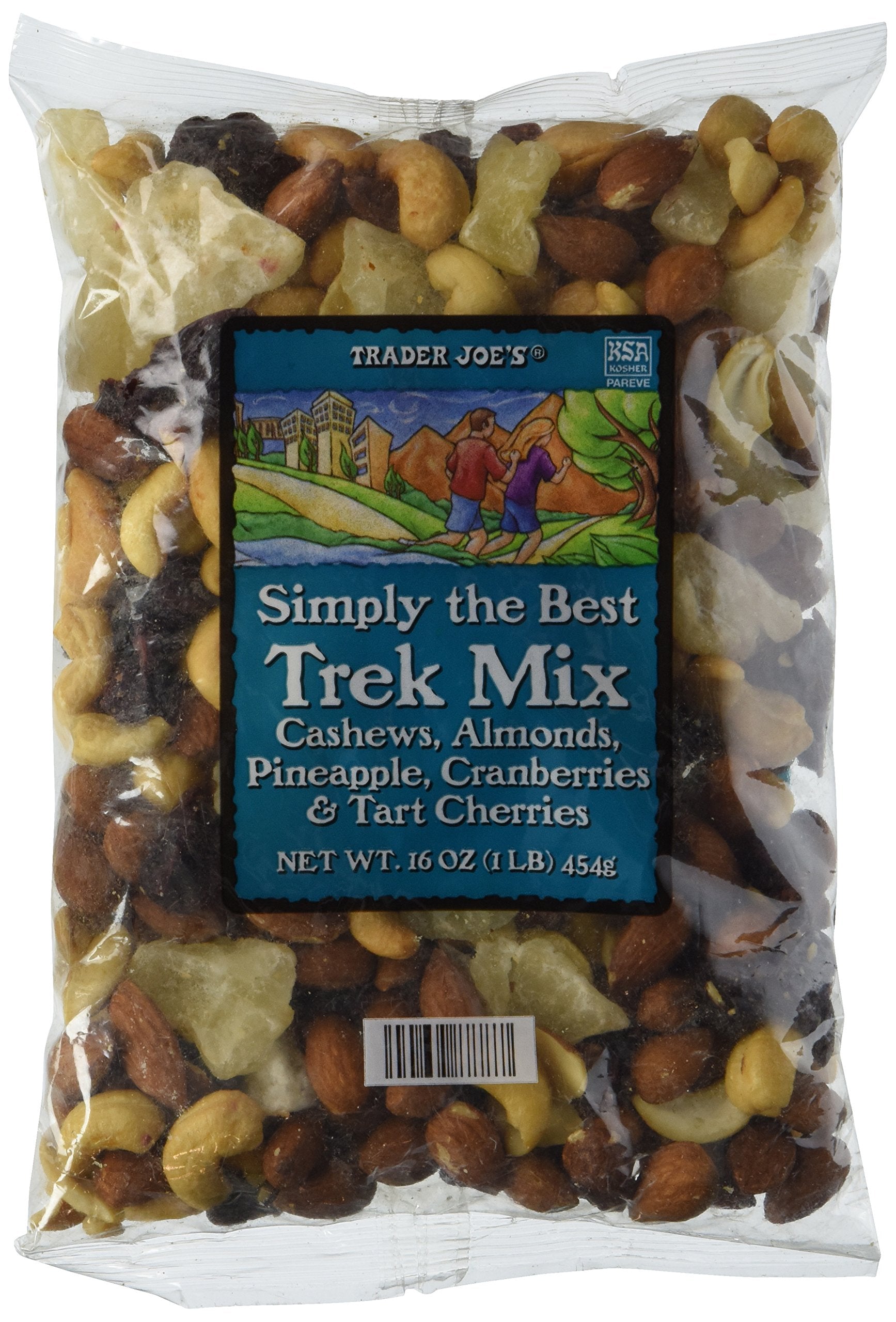 Trader Joe's Trek Mix bag front shows cashews, almonds, and fruits for on-the-go snacking