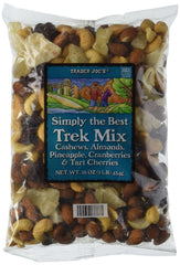 Trader Joe's Trek Mix bag front shows cashews, almonds, and fruits for on-the-go snacking
