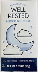 Trader Joe's Well Rested herbal tea bags in a box, ideal for a soothing evening routine.