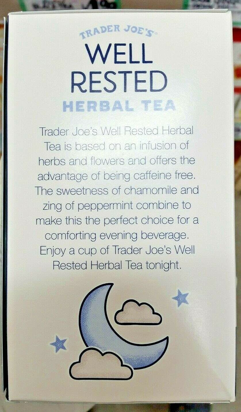 Trader Joe's Well Rested tea bags close-up, highlighting a soothing evening ritual.