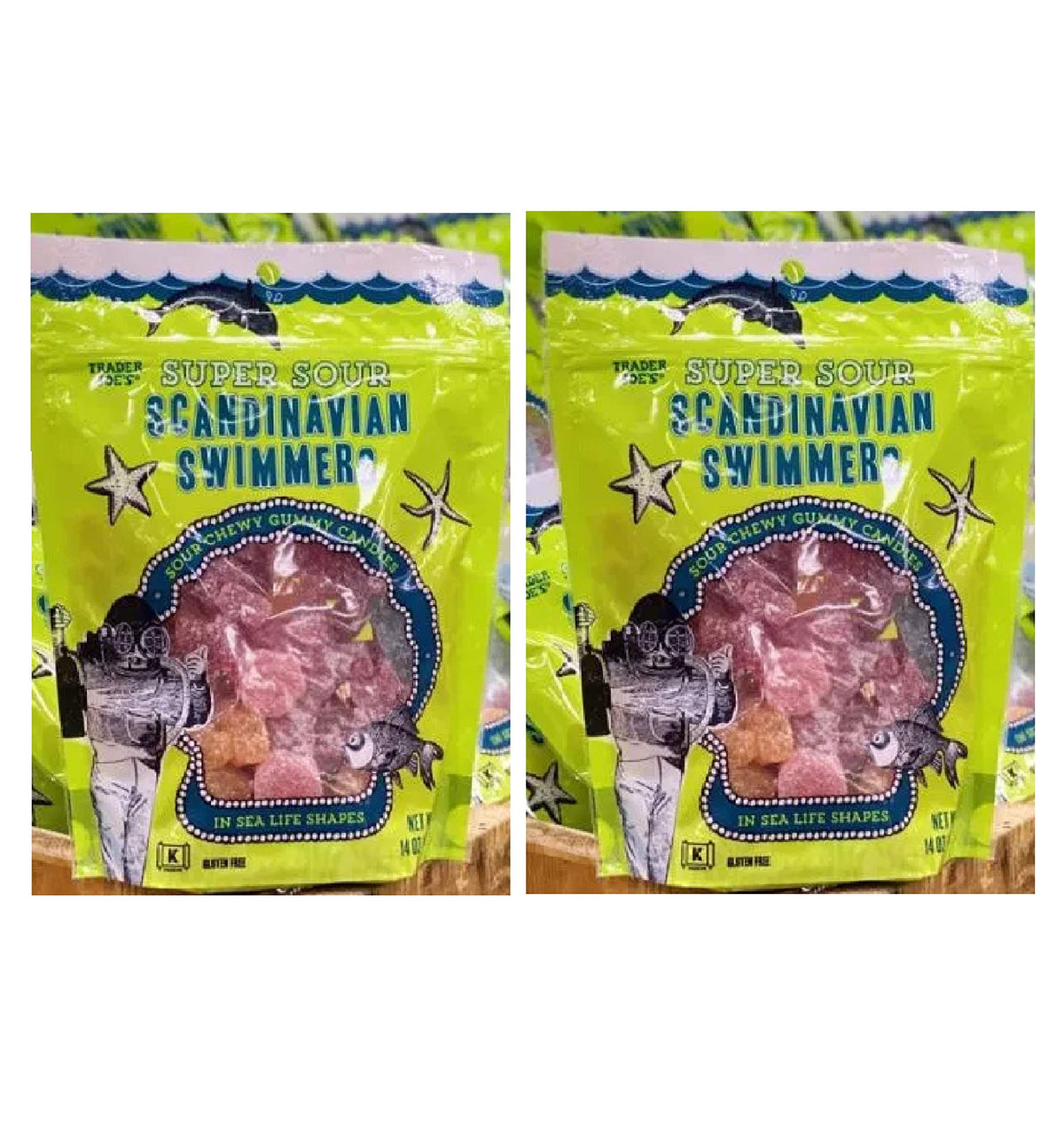 Trader Super Sour Scandinavian Swimmers 2-pack front view, bold tangy candy, gluten-free.