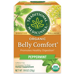 Traditional Medicinals Belly Comfort Peppermint tea packaging with 16 bags for daily use