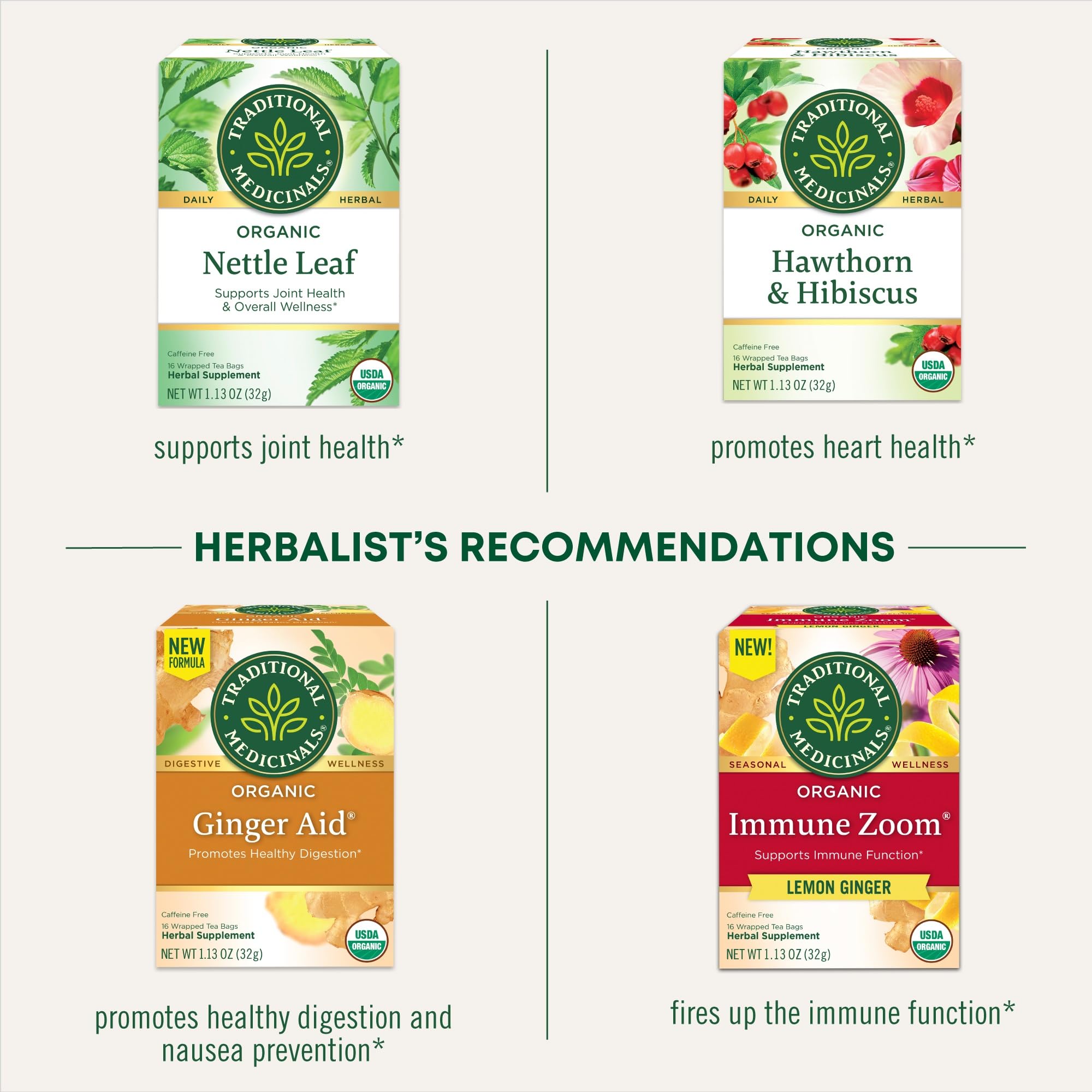 Brand label closeup communicates Traditional Medicinals commitment to quality ingredients.