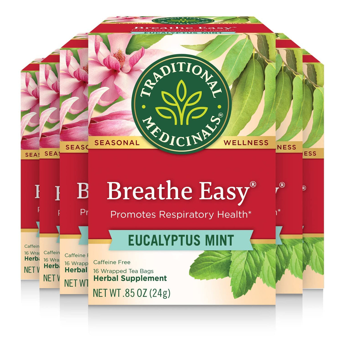 Traditional Medicinals Breathe Easy tea bag with calming aroma.