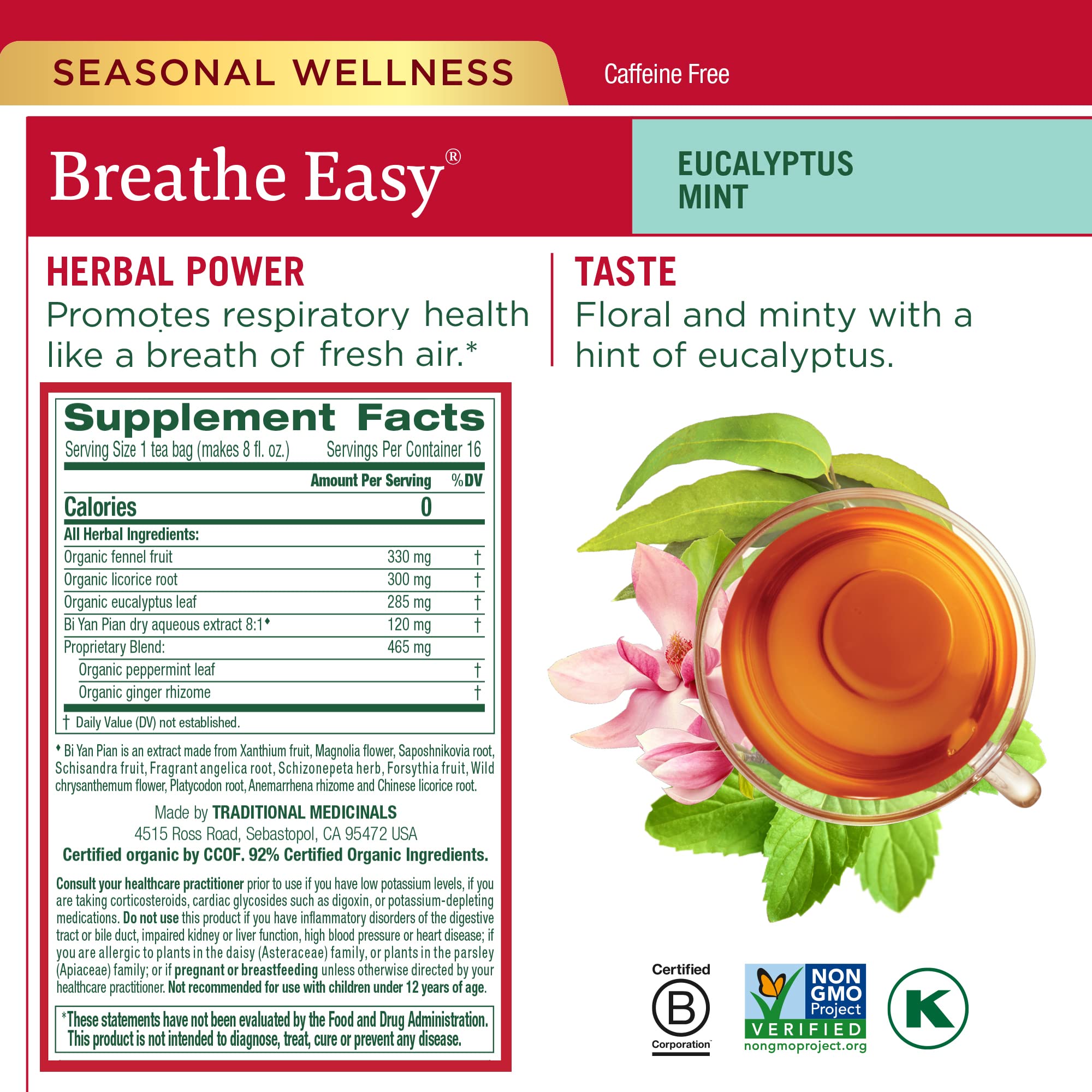 Traditional Medicinals Breathe Easy with Eucalyptus tea bags for respiratory comfort