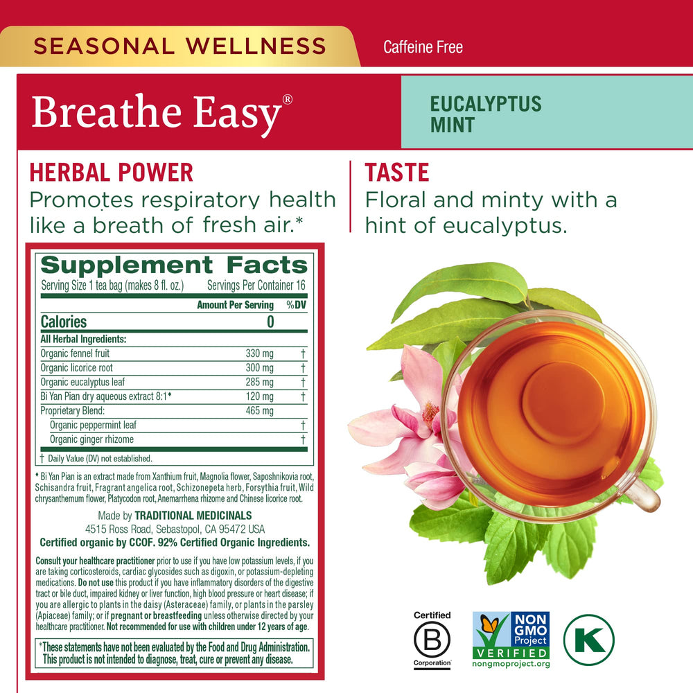 Traditional Medicinals Breathe Easy with Eucalyptus tea bags for respiratory comfort