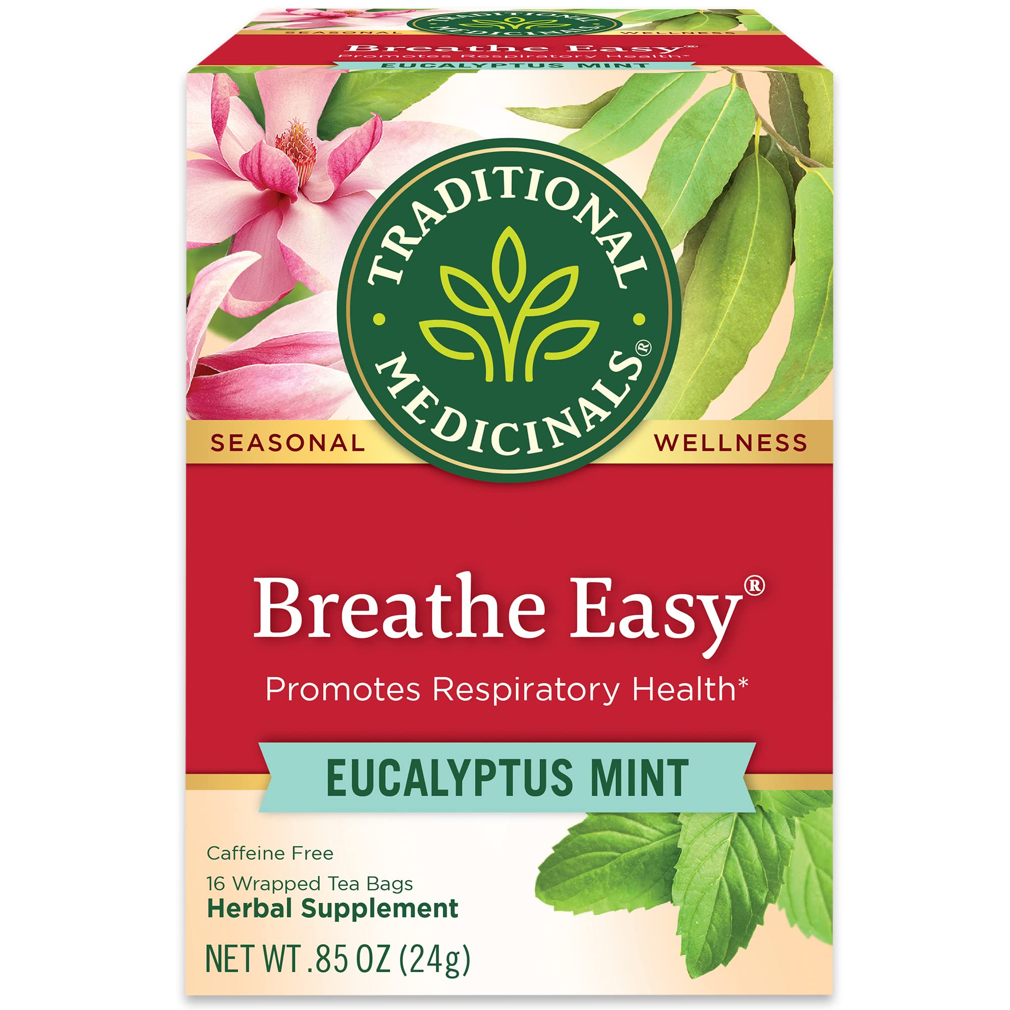 Traditional Medicinals Breathe Easy box with calming aroma and herbal blend.