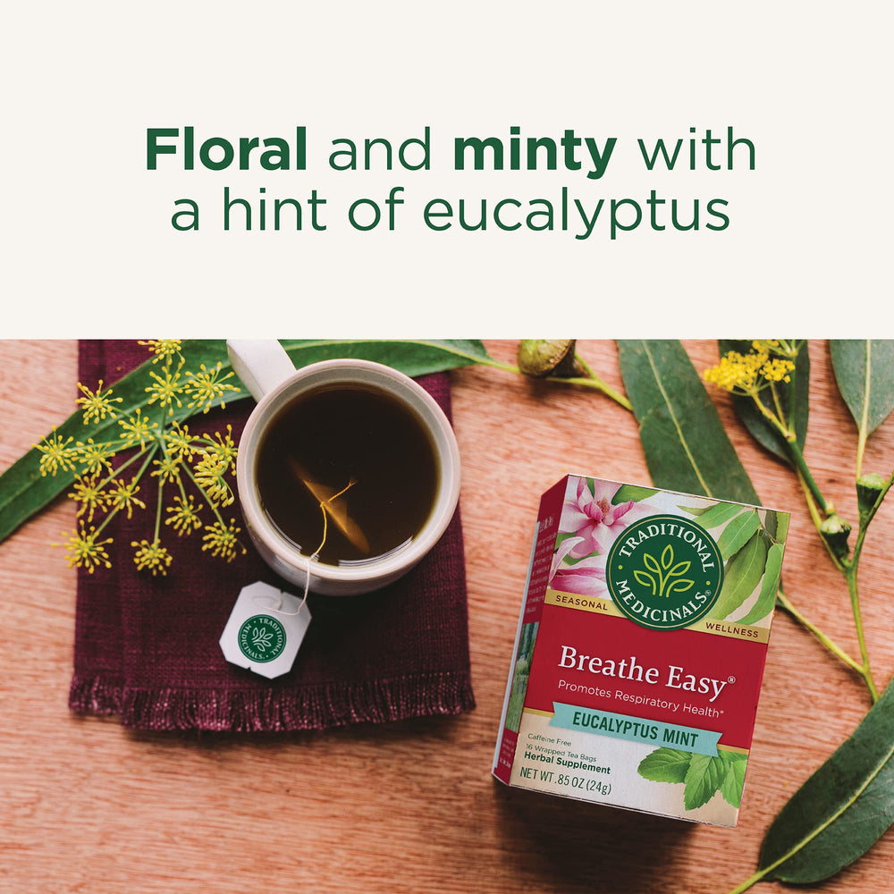 Traditional Medicinals Breathe Easy Eucalyptus Mint leaves closeup highlighting natural herbs.