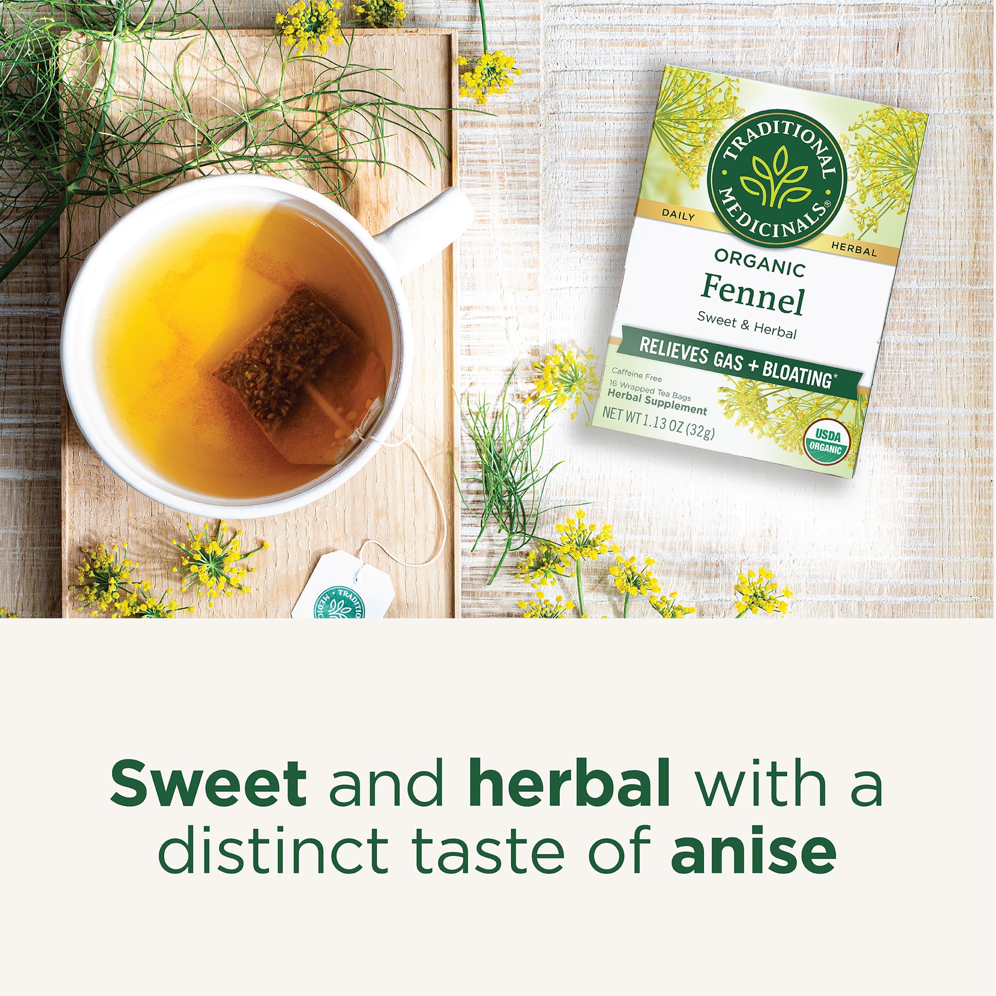 Traditional Medicinals Organic Fennel Tea from Bulgarian organic fennel farm, highlighting quality.