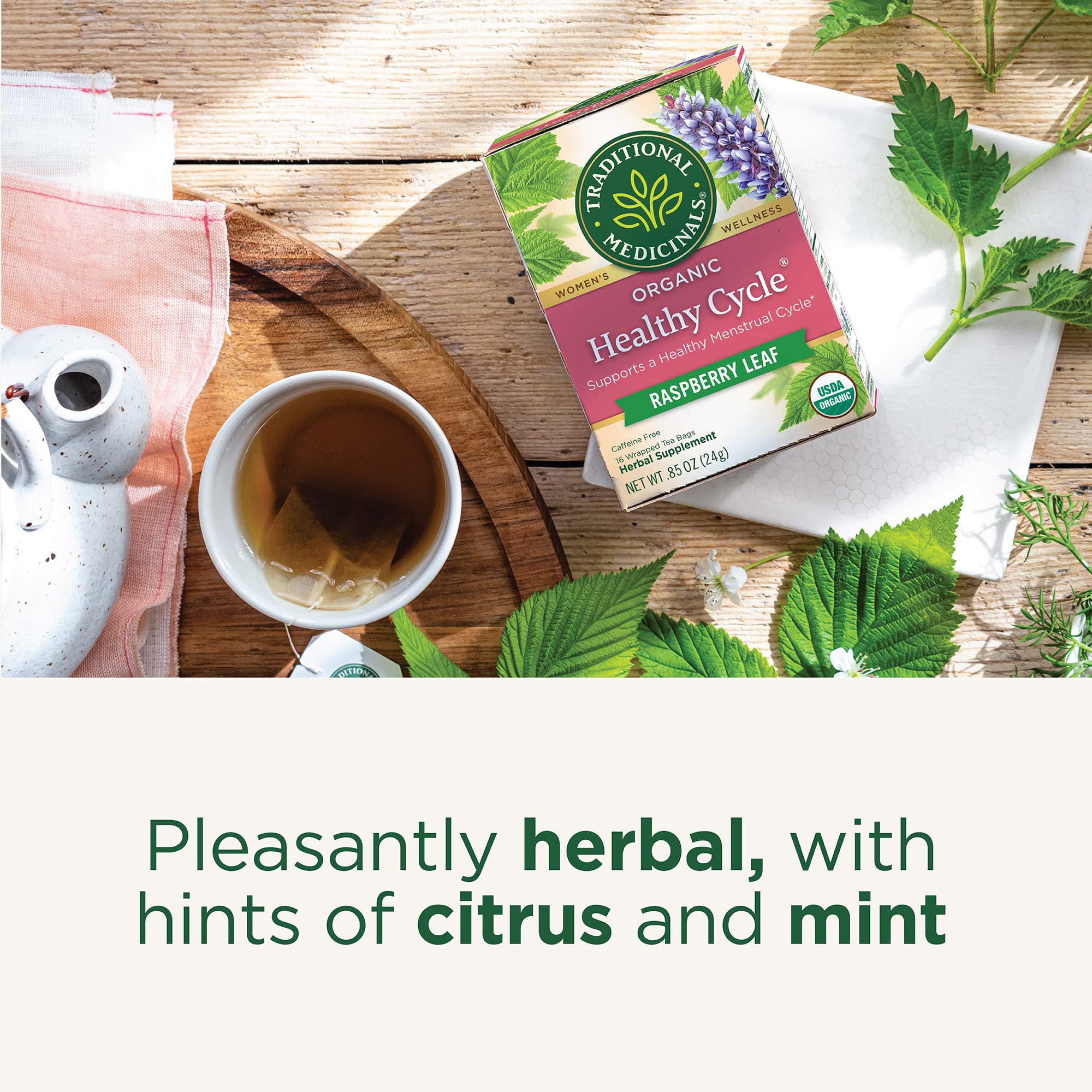 Traditional Medicinals caffeine-free badge indicates a soothing, sleep-friendly evening tea.