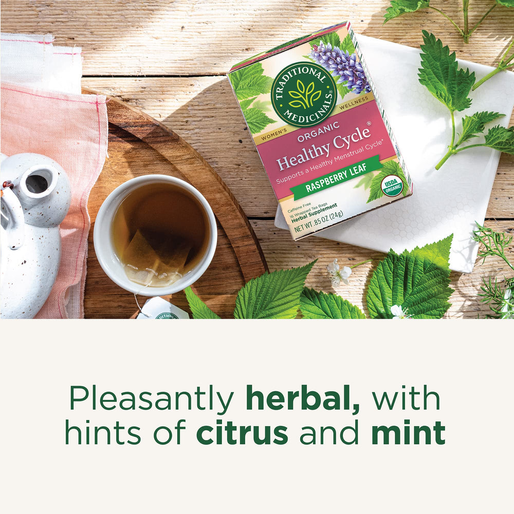 Traditional Medicinals caffeine-free badge indicates a soothing, sleep-friendly evening tea.