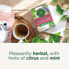 Traditional Medicinals caffeine-free badge indicates a soothing, sleep-friendly evening tea.