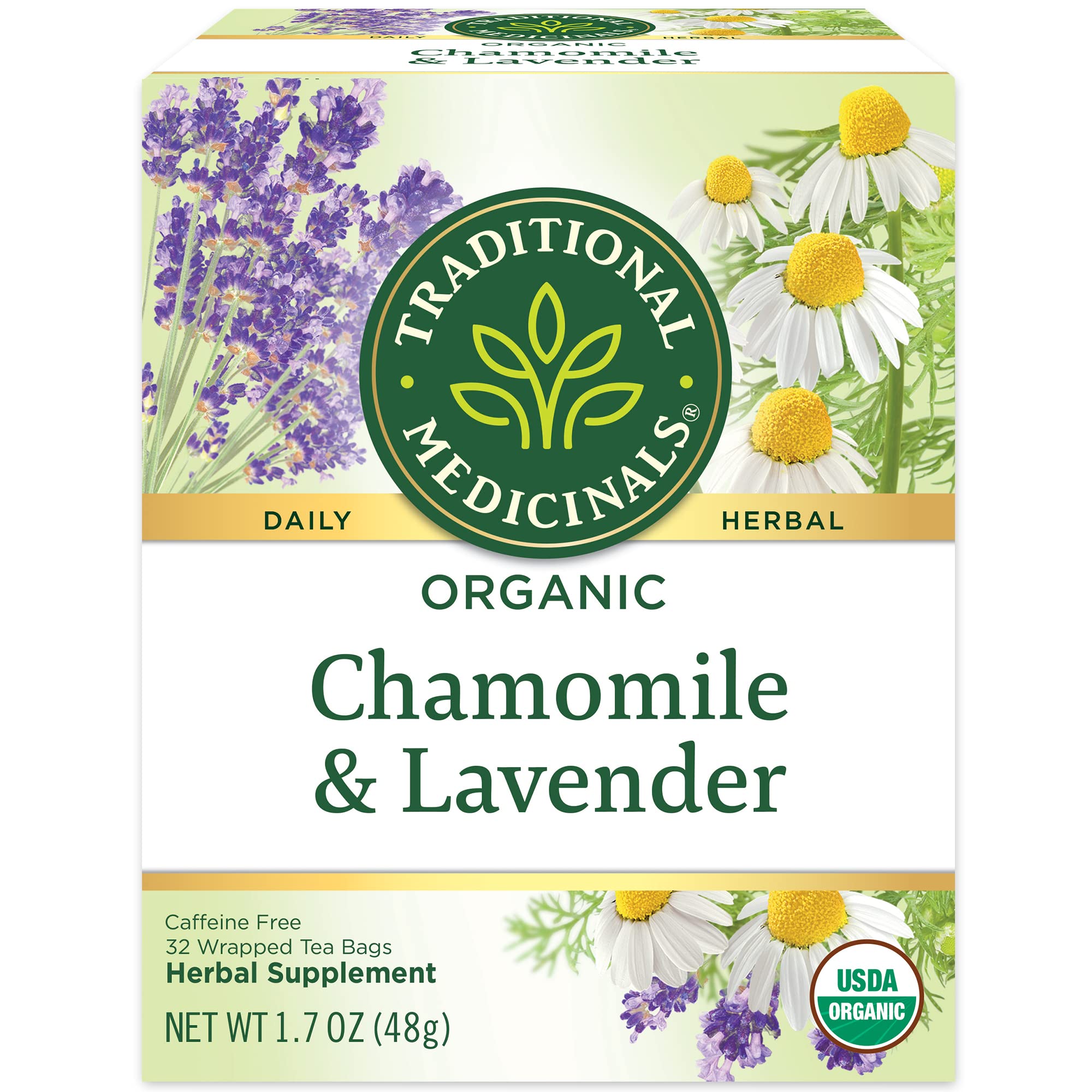 Traditional Medicinals chamomile lavender tea bags with calming aromatics for winding down.