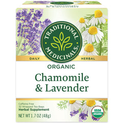 Traditional Medicinals chamomile lavender tea bags with calming aromatics for winding down.