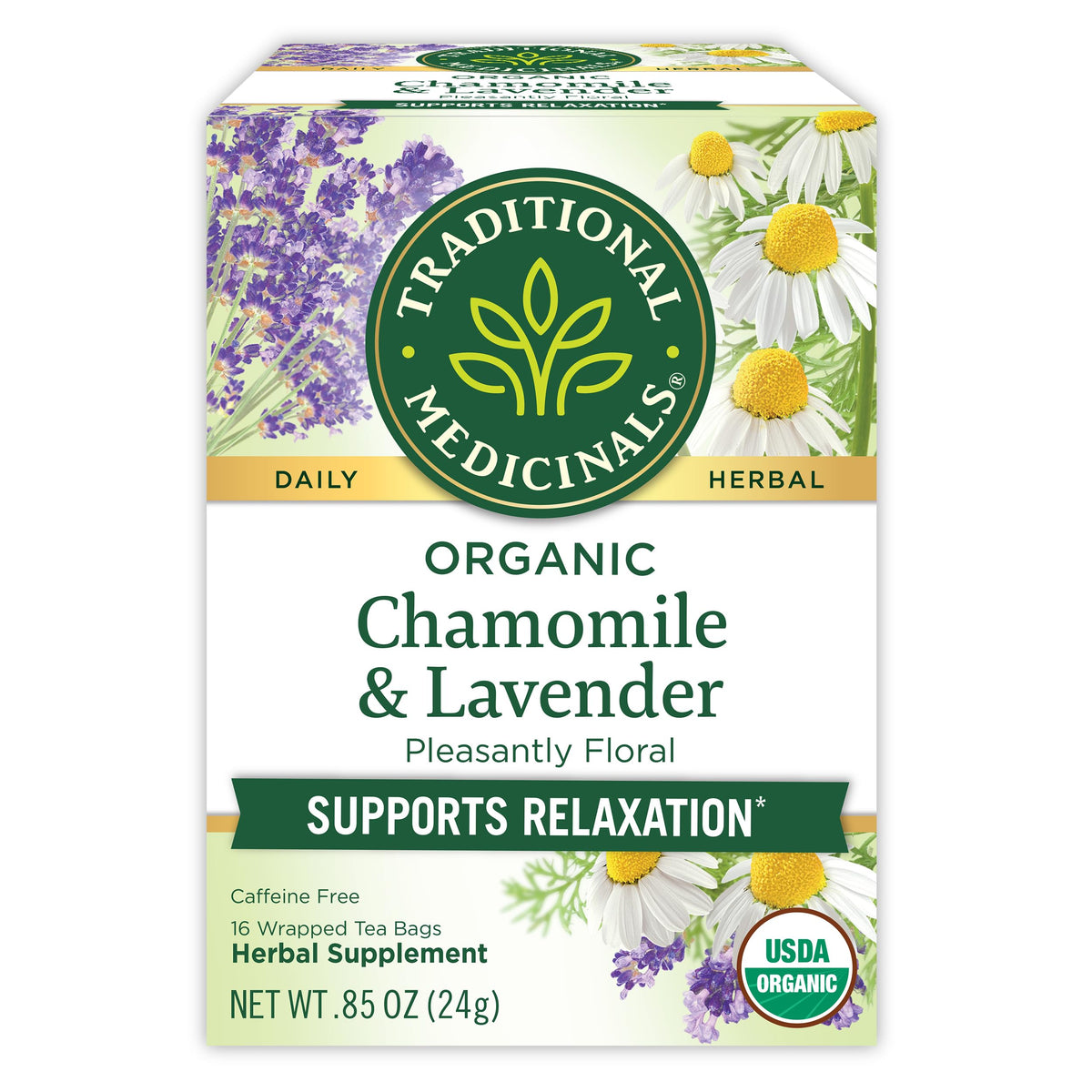 Traditional Medicinals chamomile lavender tea bags promote relaxation