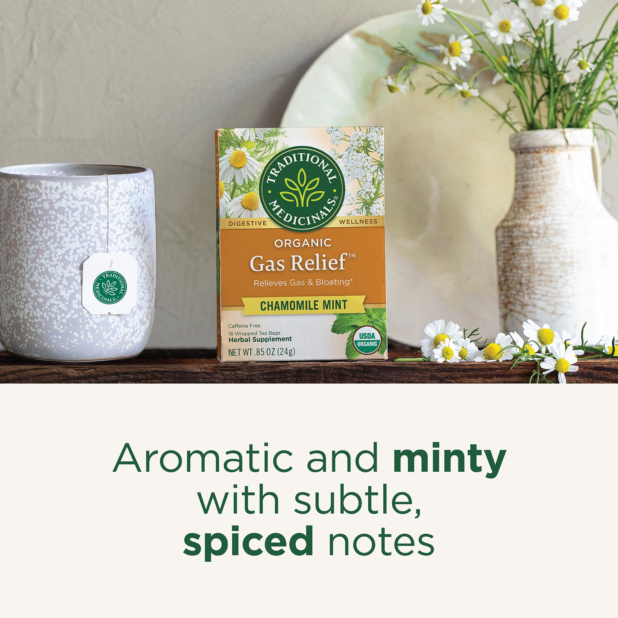 Traditional Medicinals chamomile mint tea cup ready for gentle comfort.