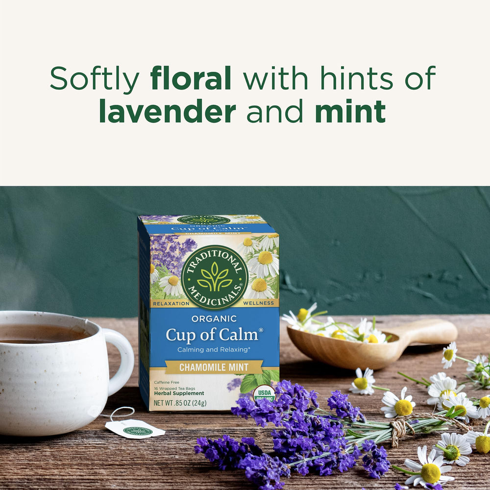 Traditional Medicinals Cup of Calm lavender chamomile blend fills the room with soft floral aroma.
