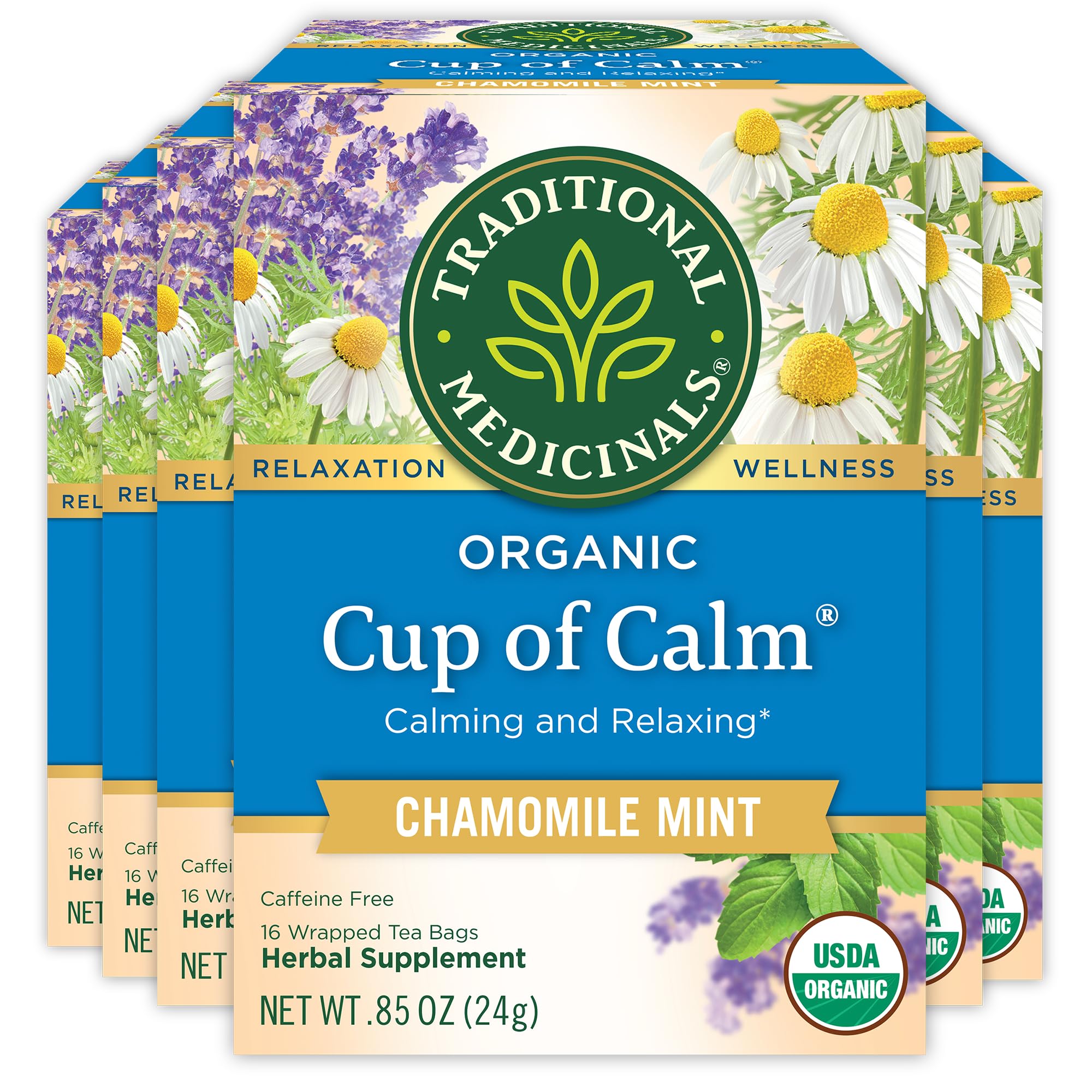 Traditional Medicinals Cup of Calm tea bags offer a relaxing, caffeine-free moment.