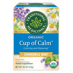 Traditional Medicinals Cup of Calm tea bags ready to brew for a calming routine.
