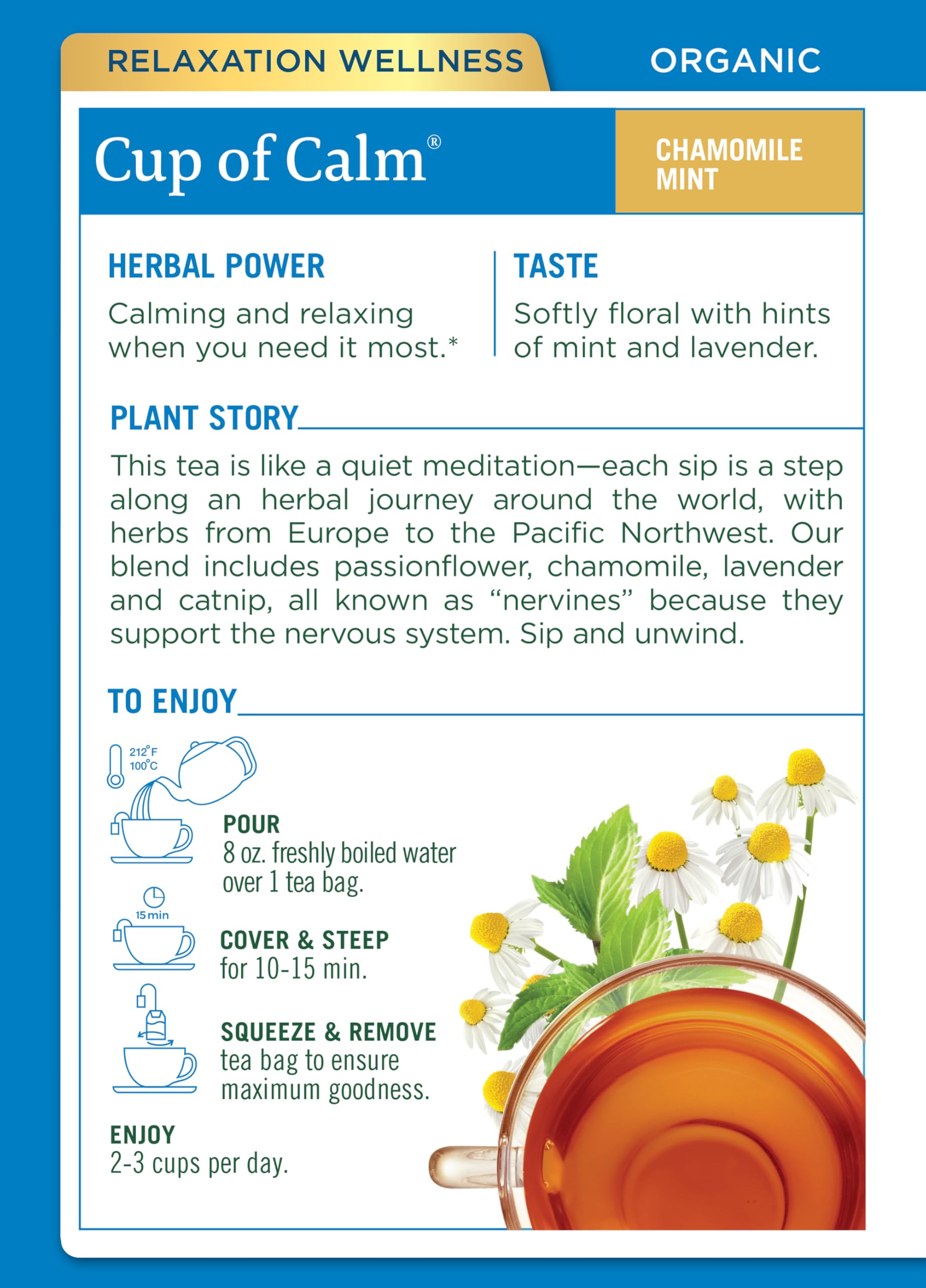 Traditional Medicinals Cup of Calm tea bags for a peaceful daytime moment.