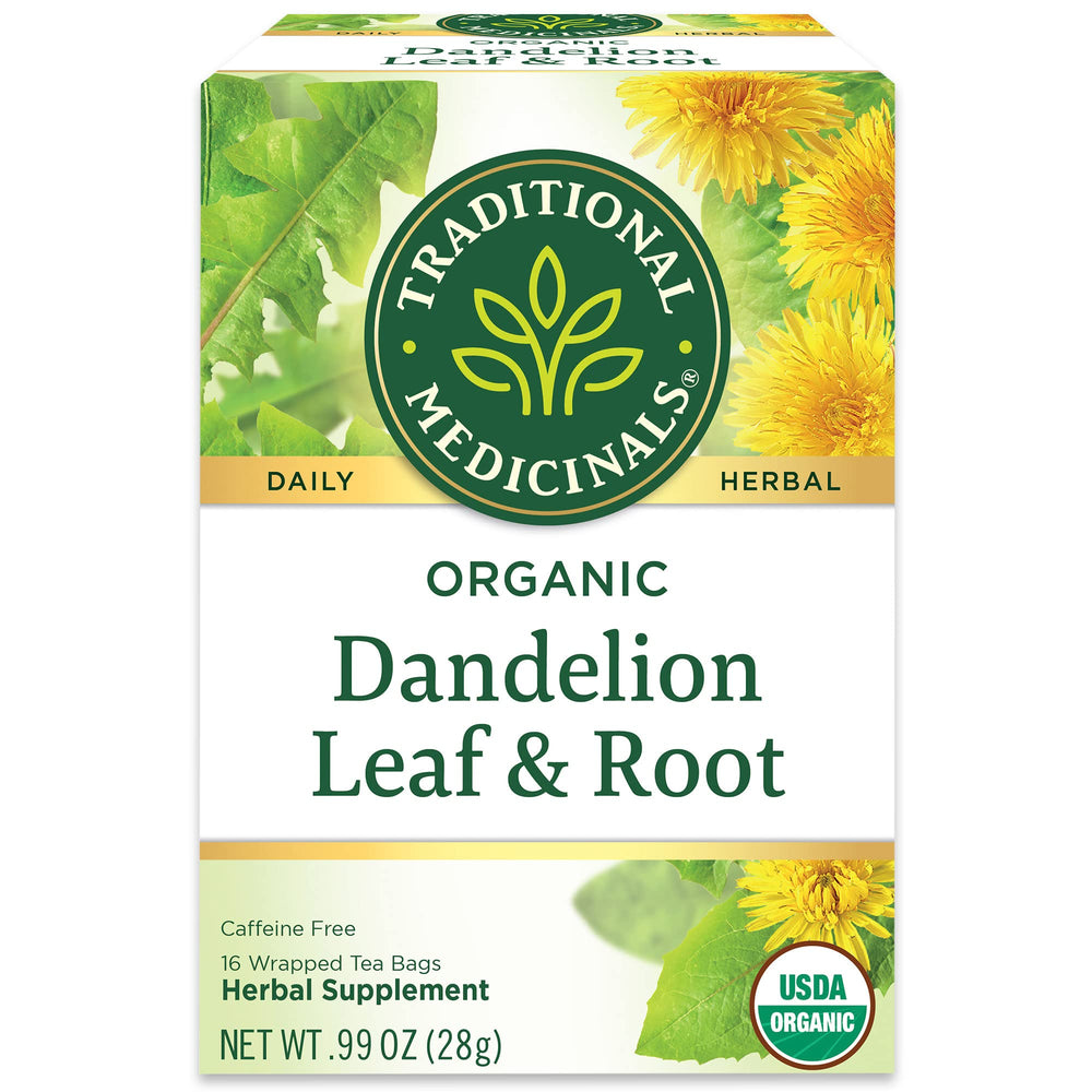 Traditional Medicinals Dandelion leaves and roots close-up showing natural plant matter