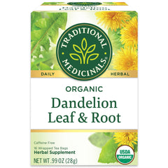 Traditional Medicinals Dandelion leaves and roots close-up showing natural plant matter