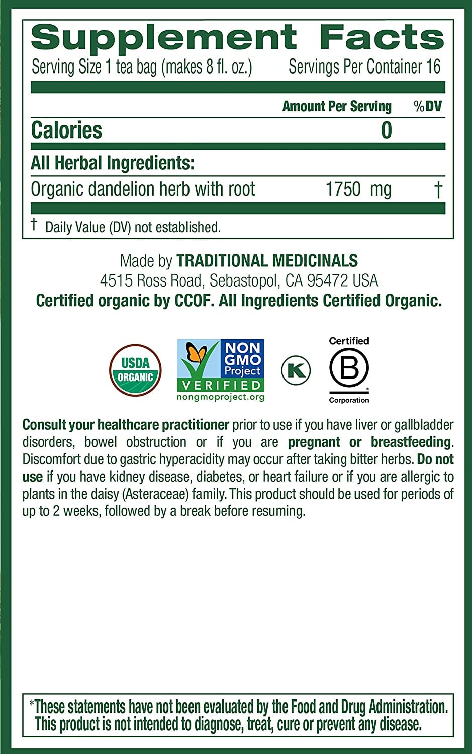 Traditional Medicinals dandelion leaf tea bags highlighting leaf-based herbal blend.