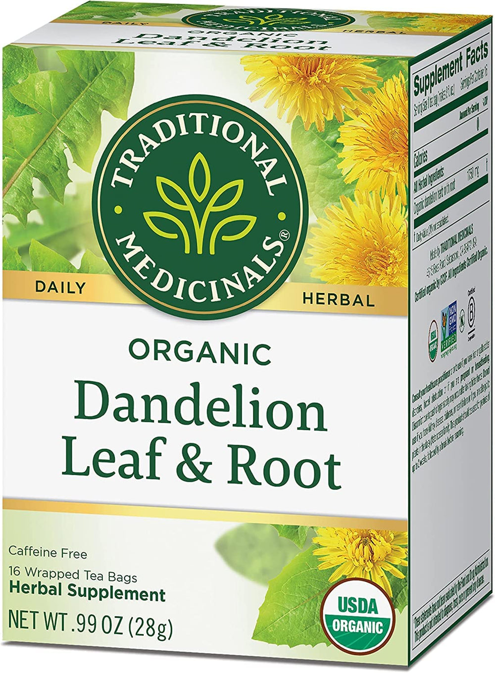 Traditional Medicinals dandelion root tea bags emphasizing root herbal infusion.