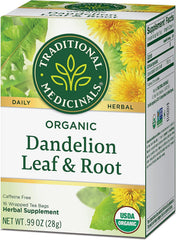 Traditional Medicinals dandelion root tea bags emphasizing root herbal infusion.