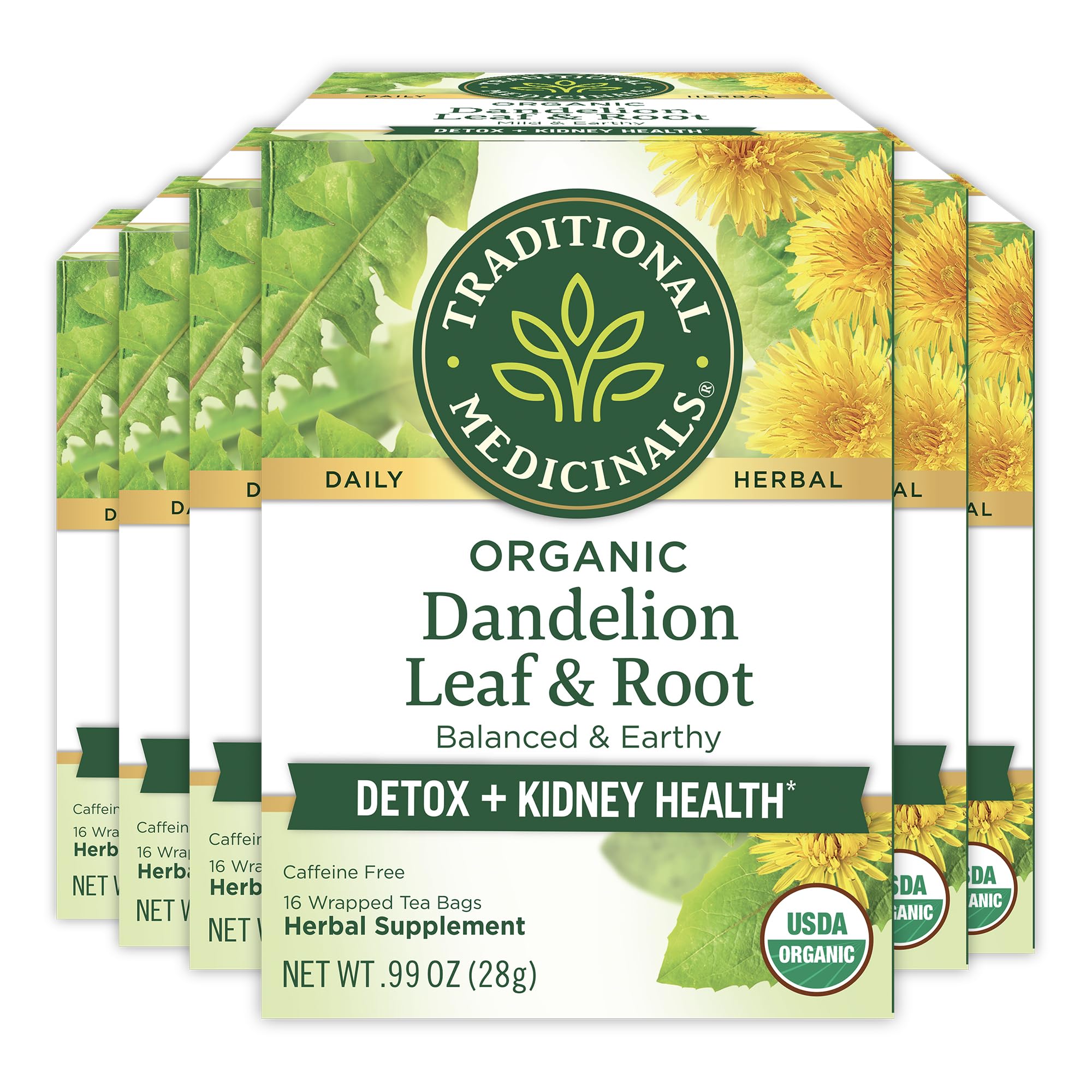 Traditional Medicinals Dandelion Root Tea pack promotes gentle digestion.