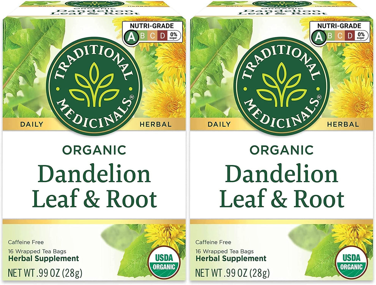 Traditional Medicinals dandelion tea bags in a pack for gentle daily digestion.