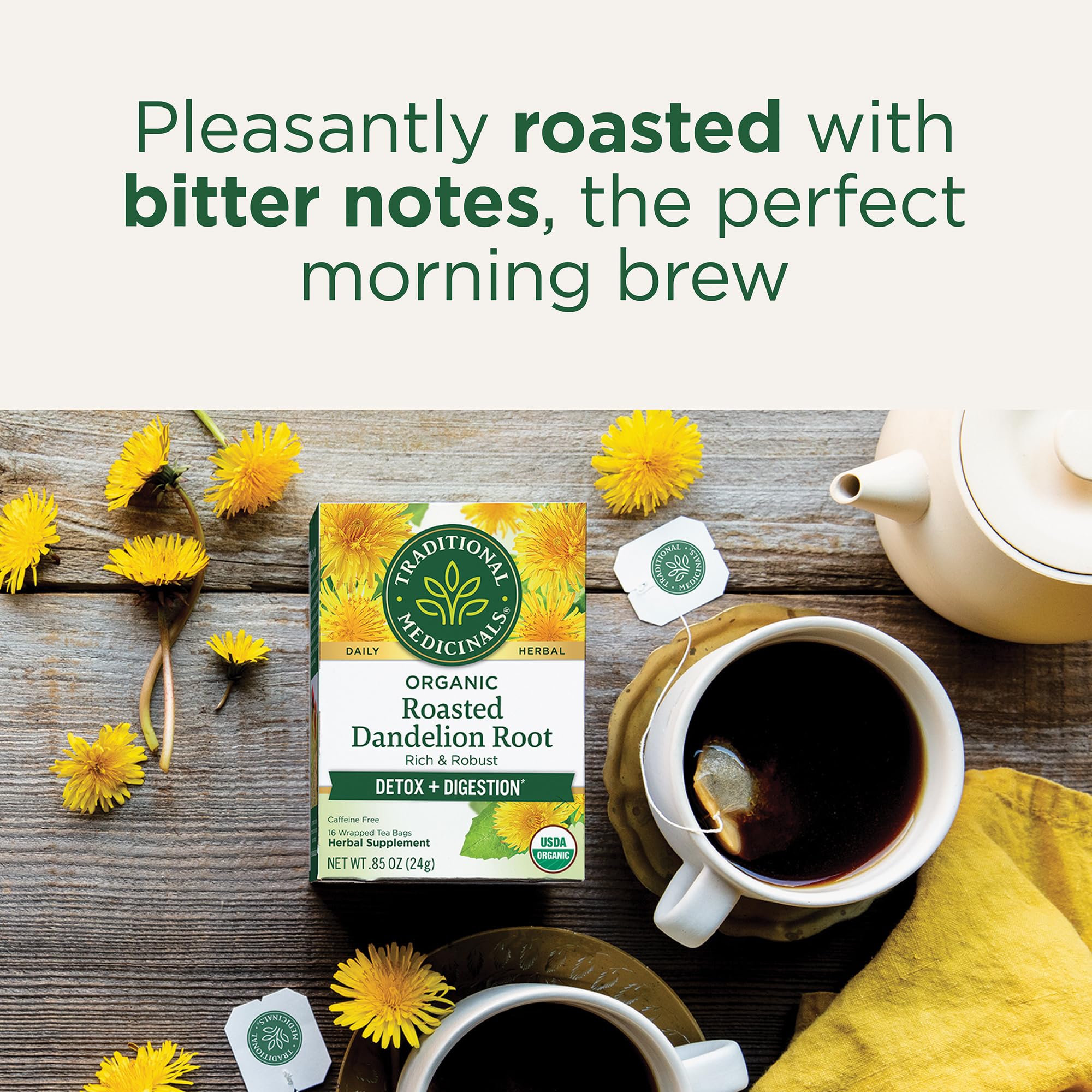 Traditional Medicinals dandelion tea in a cup, promotes gentle digestion.