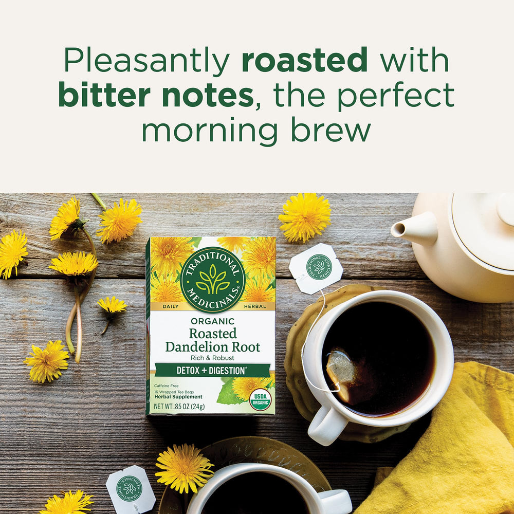 Traditional Medicinals dandelion tea in a cup, promotes gentle digestion.