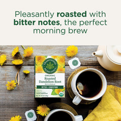 Traditional Medicinals dandelion tea in a cup, promotes gentle digestion.