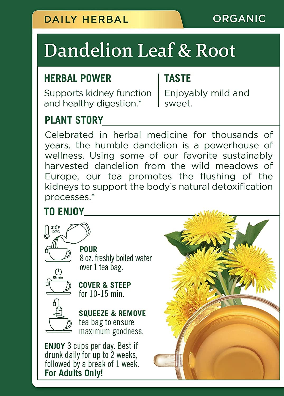 Traditional Medicinals dandelion tea cup brew showing soothing herbal aroma.