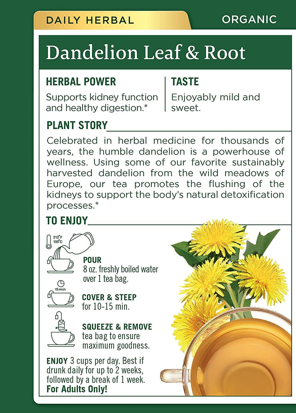 Traditional Medicinals dandelion tea cup brew showing soothing herbal aroma.