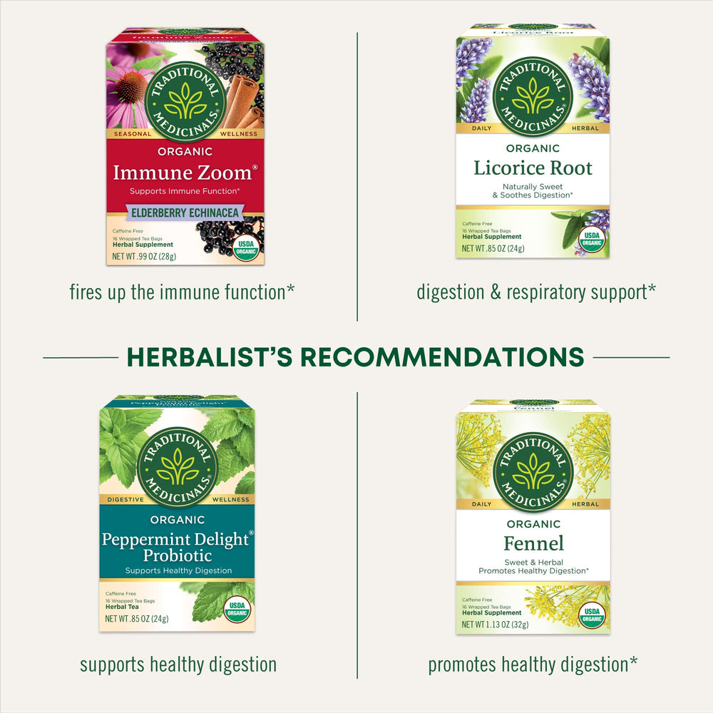 Traditional Medicinals dry herbs closeup highlighting natural plant ingredients.