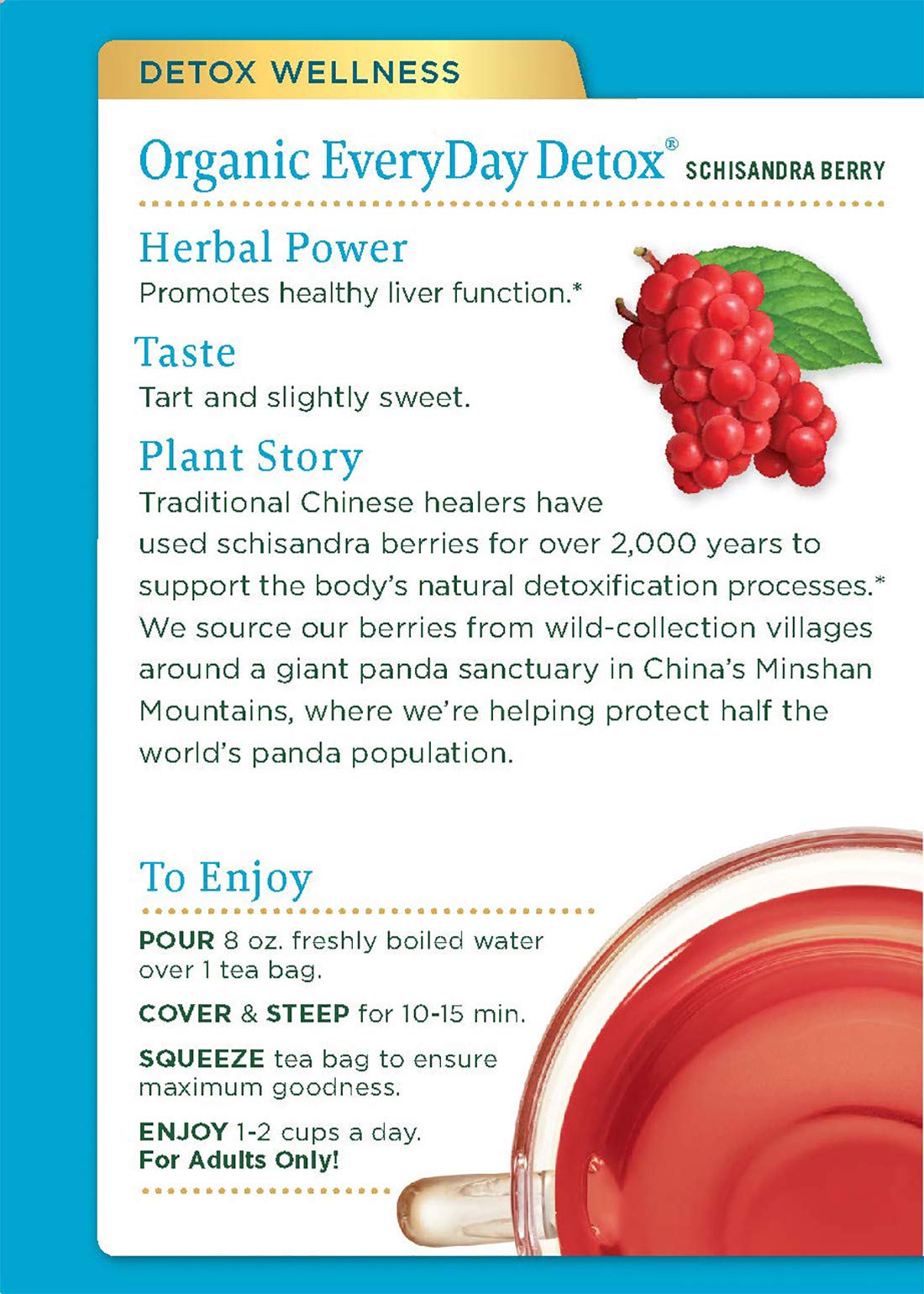 Traditional Medicinals Everyday Detox ingredients on the label, highlighting organic schisandra berry.