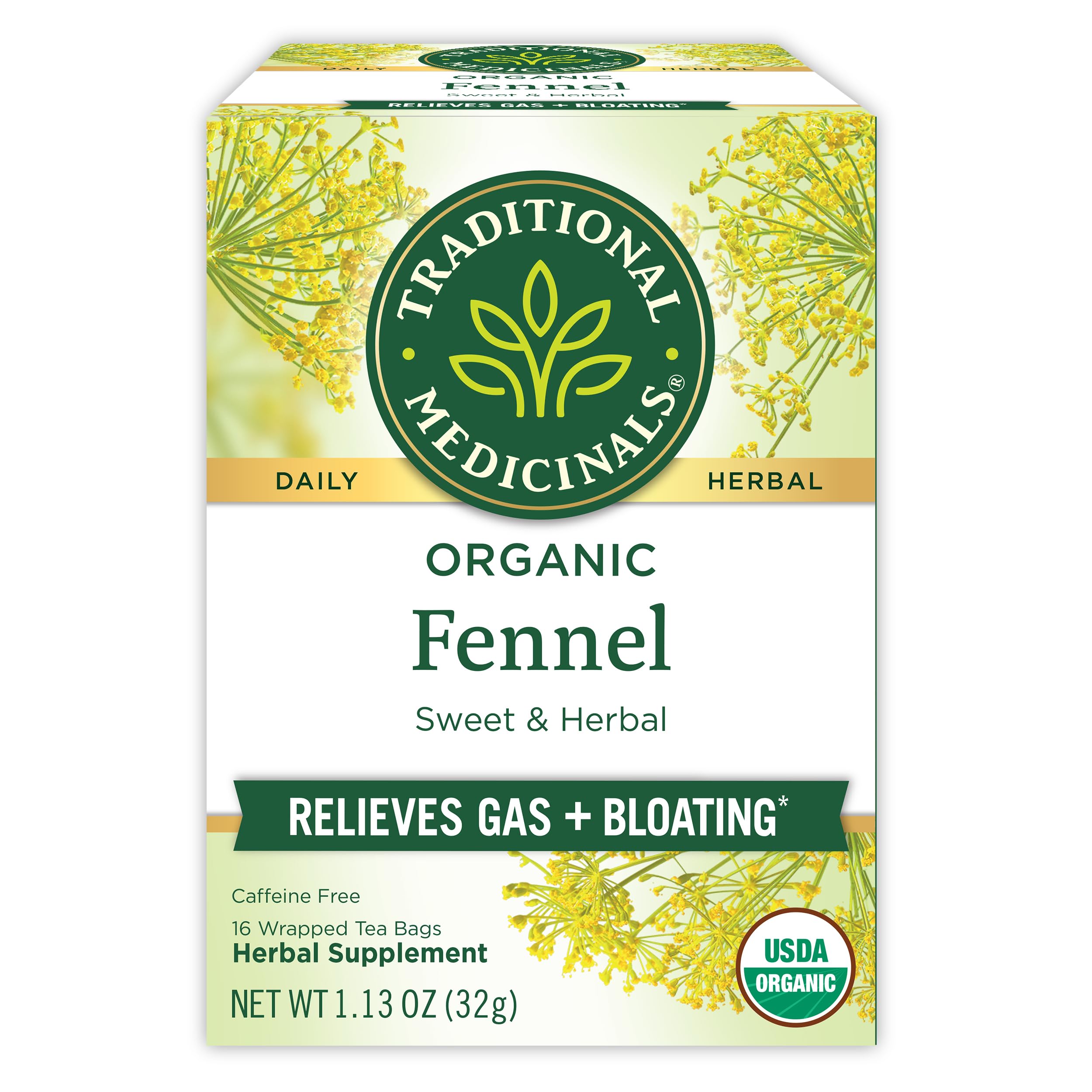 Traditional Medicinals fennel tea box front view highlights organic quality and aroma.