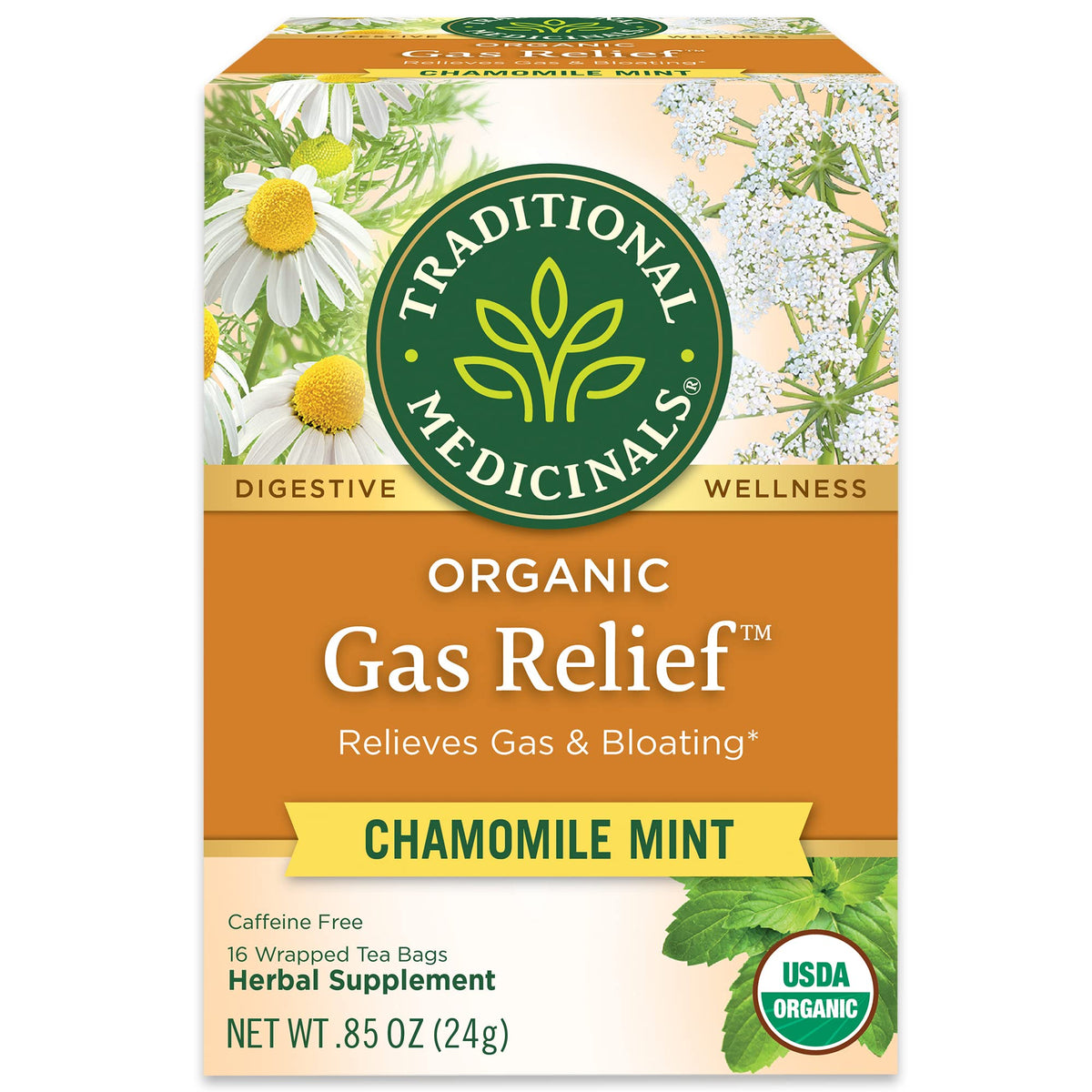Traditional Medicinals gas relief tea bags in a box for soothing digestion.