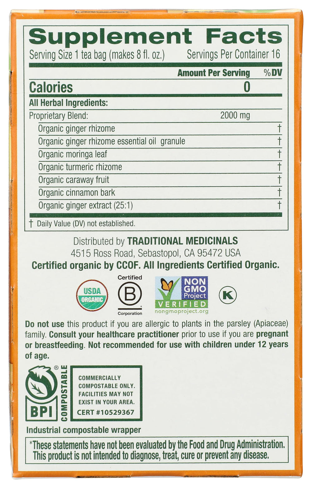 Traditional Medicinals Ginger Aid box front showing organic label